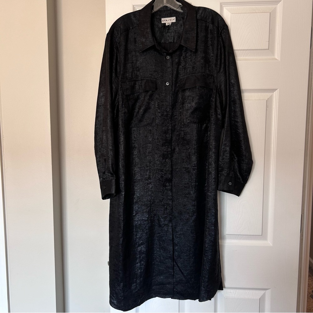 ❤️MAKE OFFER❤️ Shiny Black Long Sleeve Shirt Dress Maxi Tunic Plus Ava Viv 1X